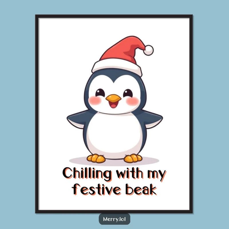Free Printable Penguin Wall Art: Funny Santa Hat Penguin Downloadable Holiday Decor
