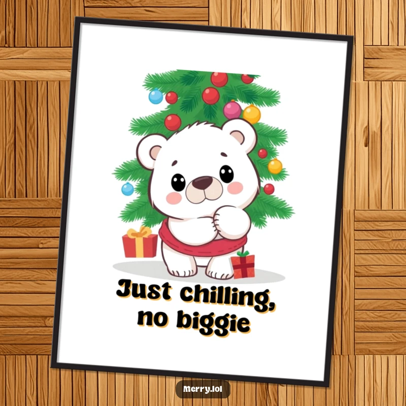 Funny Free Printable Wall Art: A surprised polar bear peeks from behind a festive tree, creating a playful and humorous scene.