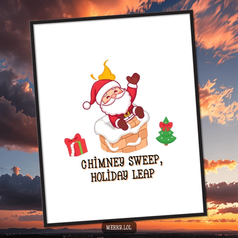 Funny Free Printable Wall Art: A cheerful Santa winks as he slides down a chimney, bringing holiday spirit.