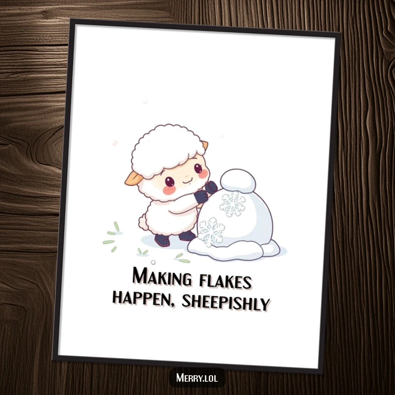 Funny Free Printable Wall Art: Fluffy sheep character humorously attempting to build a snowman using comically large snowflakes.