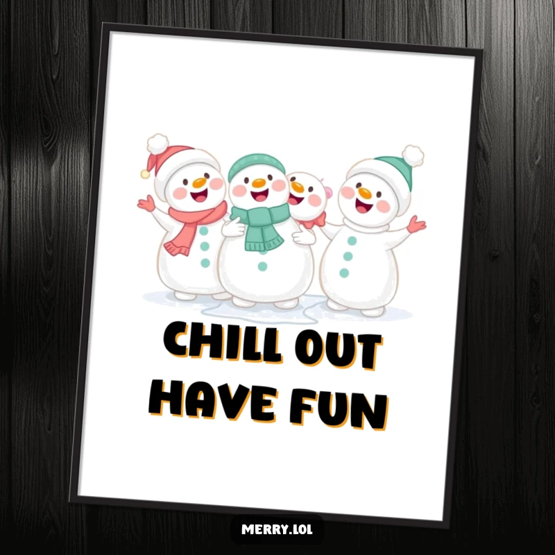Free Printable Wall Art: Cute snowmen characters hold hands and sing joyfully, winter scene.