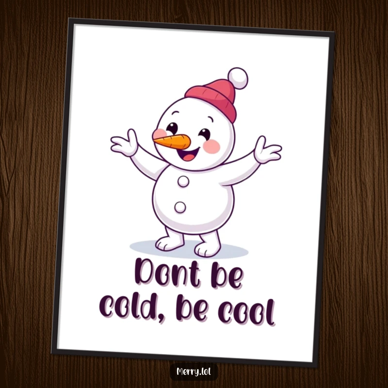 Funny Free Printable Wall Art: A cheery snowman character performing a clumsy jig, carrot nose jiggling with mirth