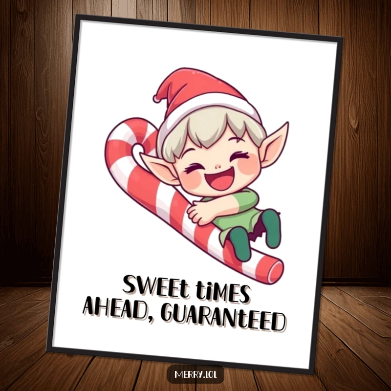 Funny Free Printable Wall Art: A cute elf character sliding down a candy cane with a wide grin, festive and playful