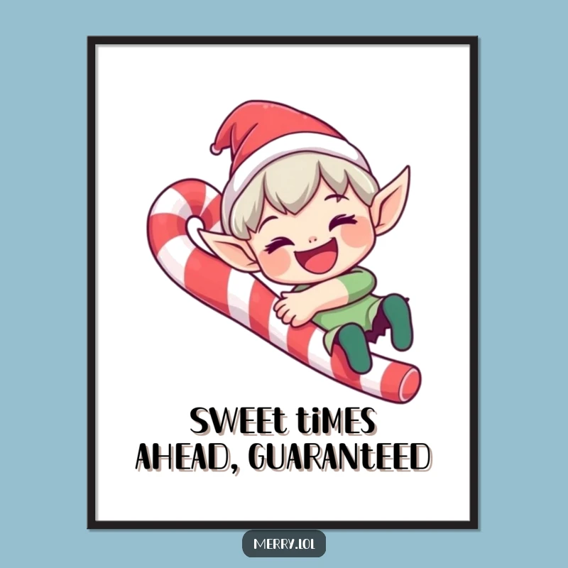 Free Printable Wall Art: Grinning Elf on Candy Cane - Funny Holiday Decor, Downloadable Art