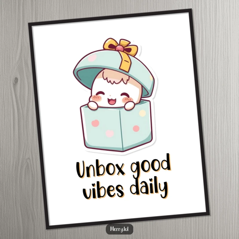 Funny Free Printable Wall Art: A happy present character joyfully popping its lid open, bursting with excitement.