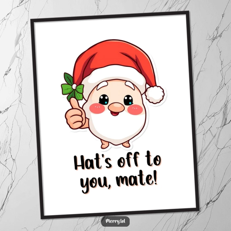 Funny free printable wall art of a merry Santa hat character giving a cheerful thumbs up, radiating holiday spirit.