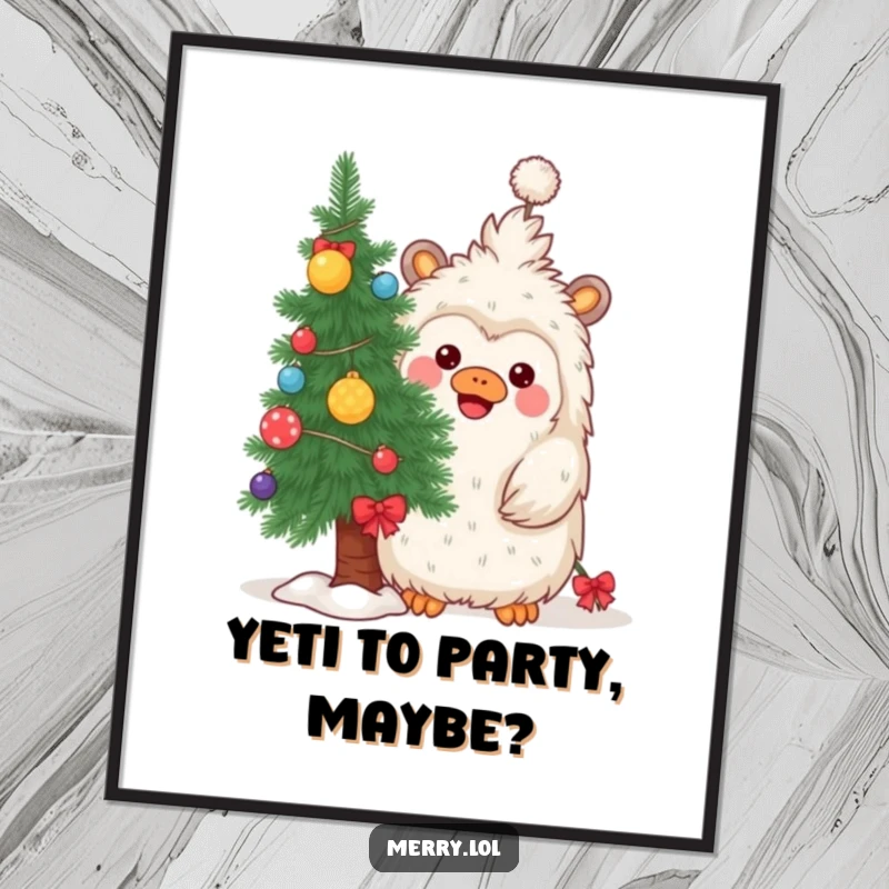 Funny free printable wall art showcasing a curious yeti hiding behind a beautifully decorated pine tree, adding a playful element.