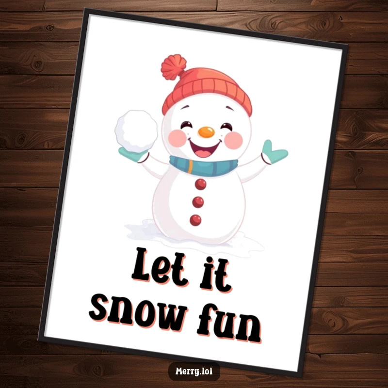 Funny Free Printable Wall Art: Playful snowman character in a joyful snowball fight pose, ready to throw a frosty surprise.