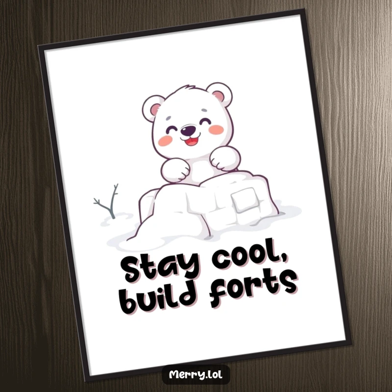 Funny Free Printable Polar Bear Wall Art featuring a cute character enthusiastically building a snow fort. A charming and cheerful downloadable decoration.