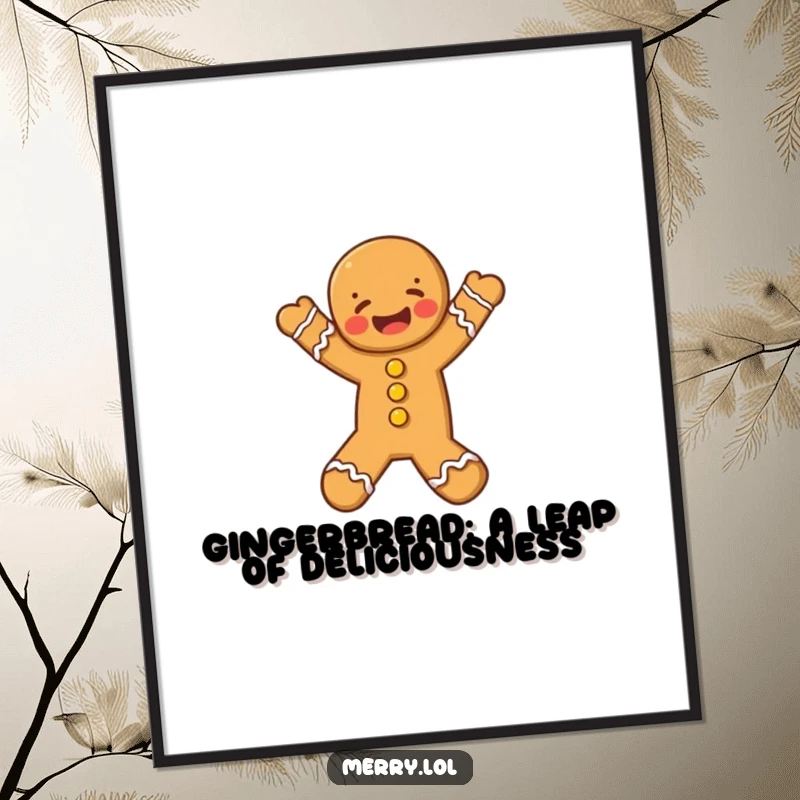 Funny Free Printable Wall Art: Gingerbread man in a dynamic, joyful leap. Ideal humorous, downloadable decor for kitchens or bakeries.