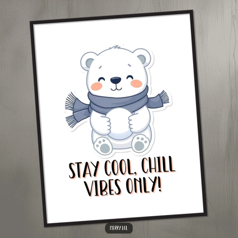 Funny Free Printable Wall Art: A happy polar bear wearing a scarf and holding a snowball, bringing winter cheer.