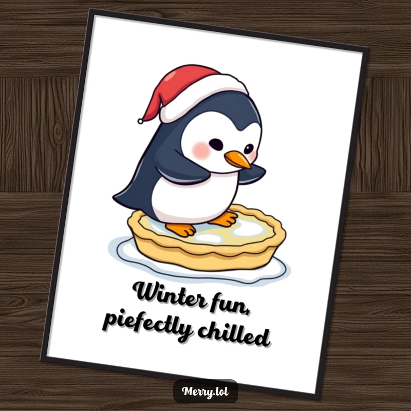 Funny Free Printable Wall Art: A penguin in a Santa hat attempting to ice skate on a frozen pie, bringing festive joy.