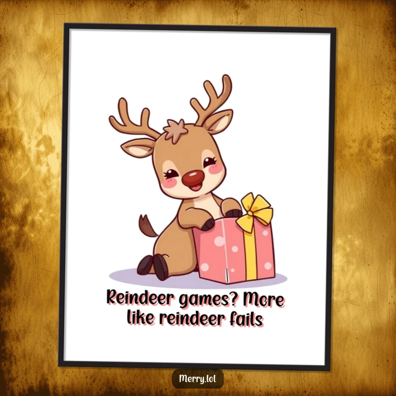 Funny Free Printable Wall Art: Giggling reindeer with sparkly antlers hilariously tripping over a holiday present.