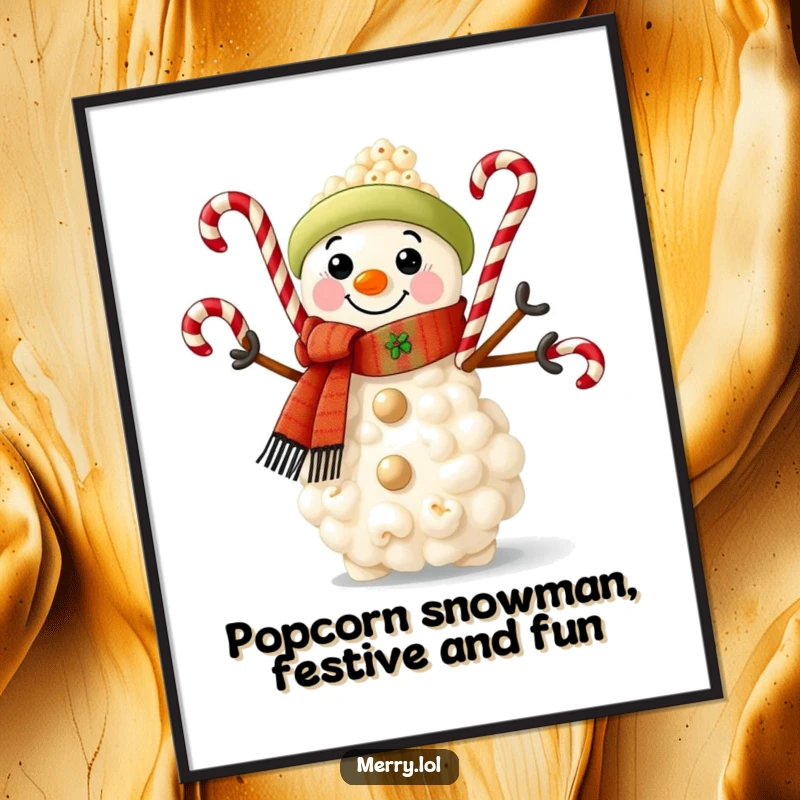 Funny Free Printable Wall Art: Snowman made of popcorn, festive scarf, juggling candy canes, whimsical, downloadable.
