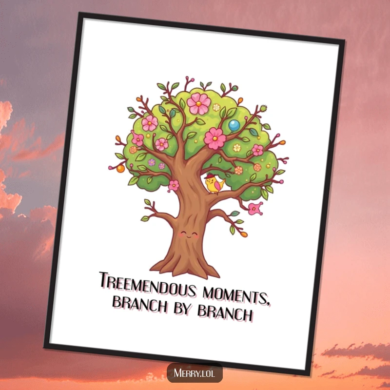 Funny Free Printable Wall Art: A decorated tree character wiggling its branches. Ideal humorous, downloadable decor for festive seasons.