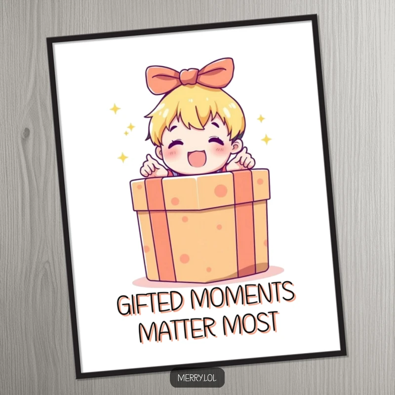 Funny Free Printable Wall Art featuring a child character excitedly opening a large, brightly wrapped gift box. A cheerful and nostalgic downloadable decoration.