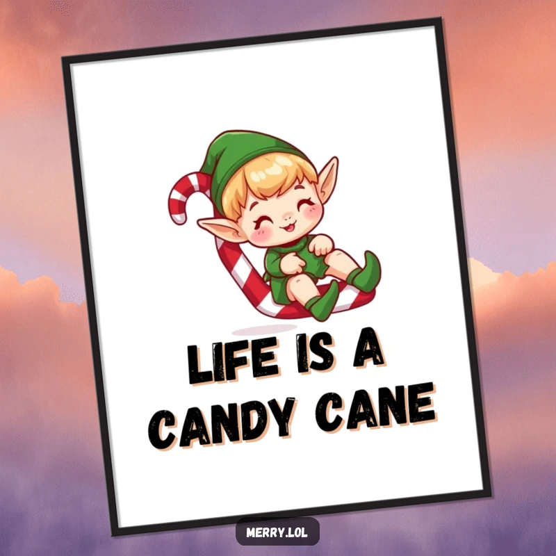 Funny free printable wall art depicting a cute elf character joyfully sliding down a large candy cane, adding whimsical sweetness to any room.