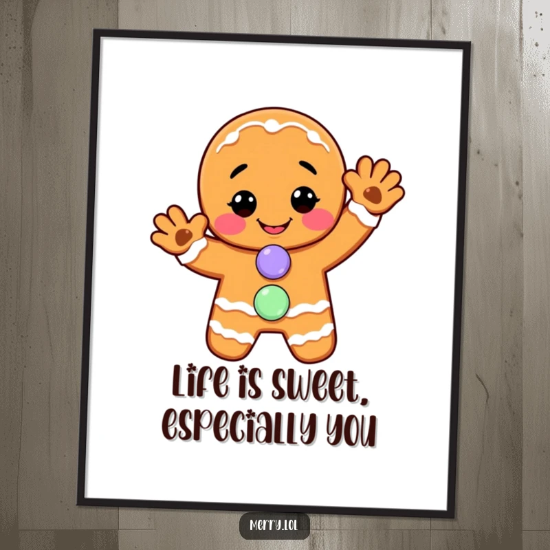 Free Printable Wall Art: A smiling gingerbread man with a candy button gives a cheerful wave.