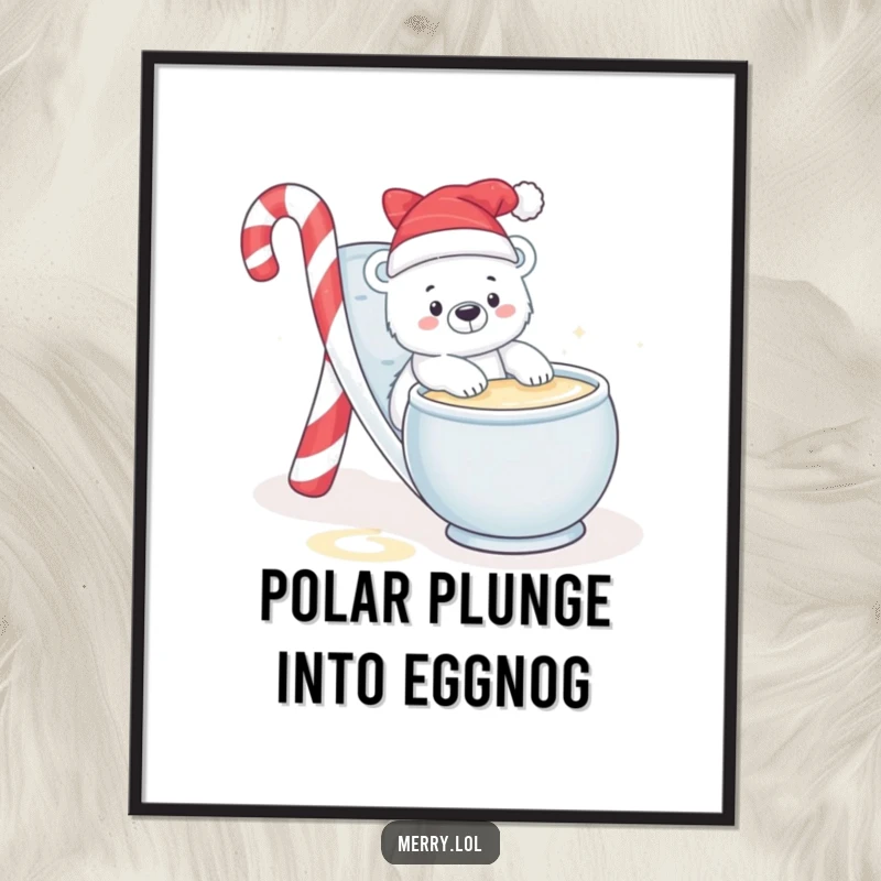 Funny Free Printable Wall Art: Baby polar bear playfully sliding into eggnog, candy cane slide, cute arctic scene, downloadable.