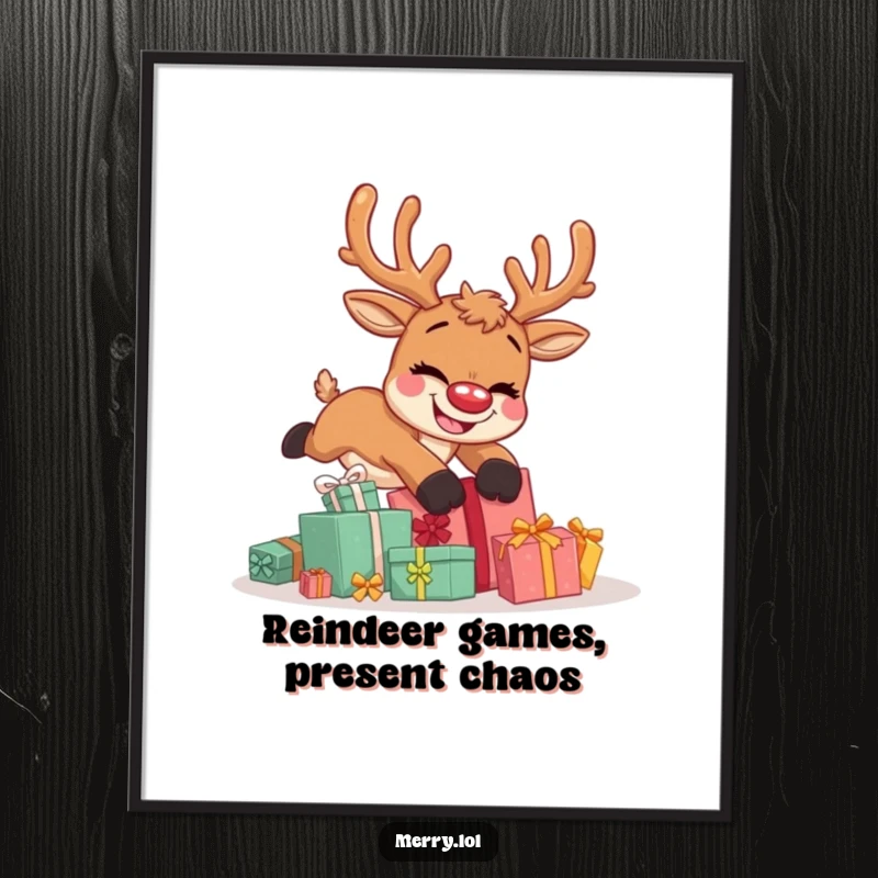 Funny Free Printable Wall Art: Adorable reindeer tripping over a pile of gifts, goofy smile, humorous decor, downloadable.