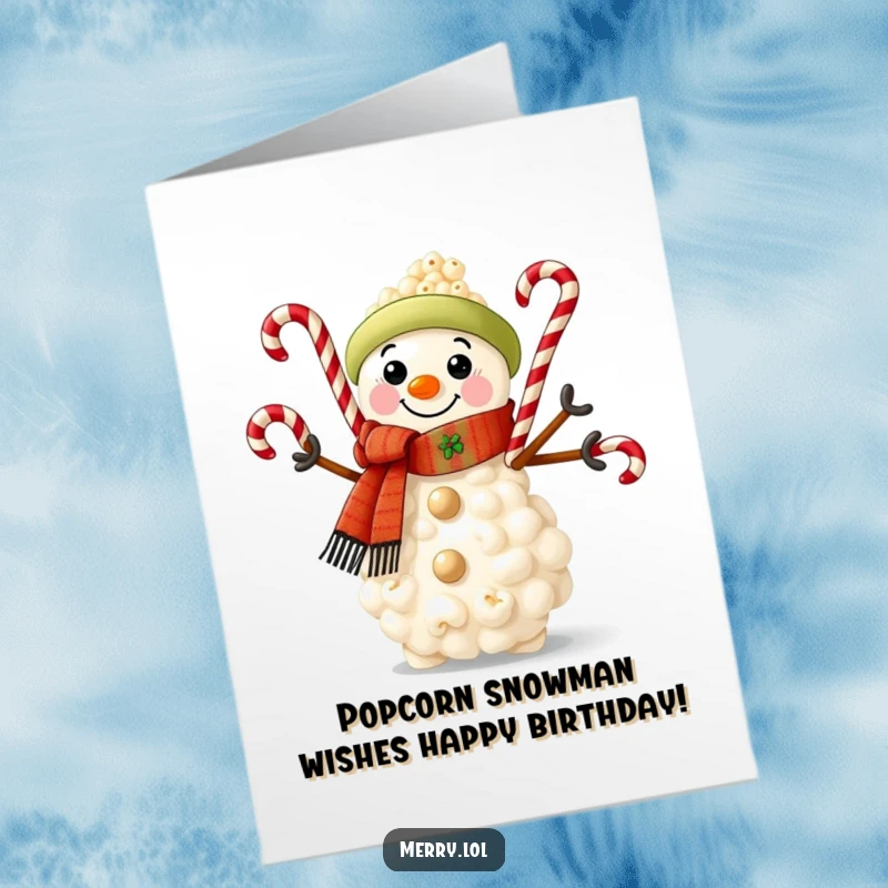 Free Printable Birthday Card: Snowman made of popcorn, festive scarf, juggling candy canes, cheerful, downloadable.