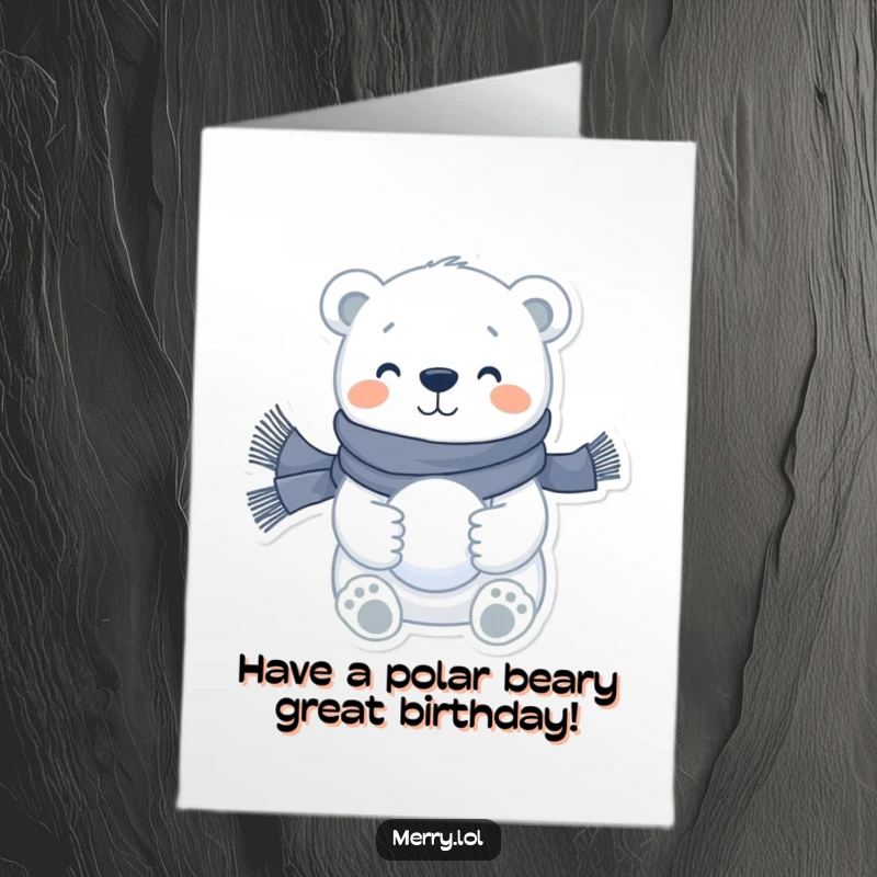 Funny Free Printable Birthday Card: A cheerful polar bear in a scarf holding a snowball, ready for birthday fun.