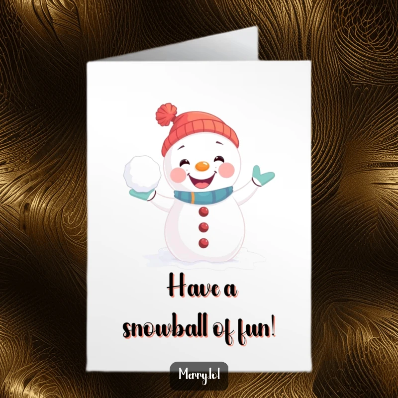Funny Free Printable Birthday Card: Playful snowman character striking a joyful snowball fight pose, ready for winter fun.
