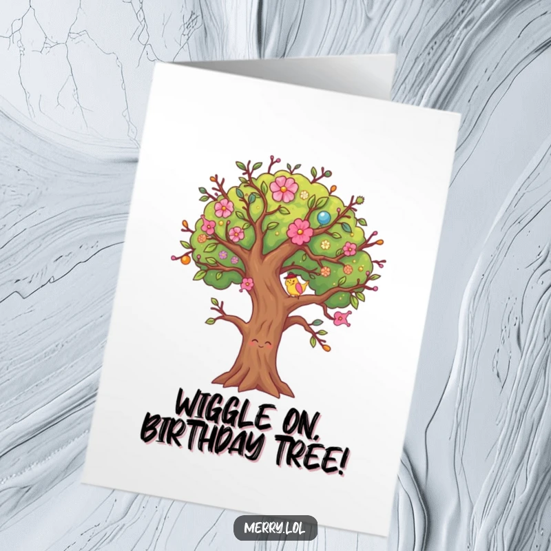 Funny Free Printable Birthday Card: A decorated Christmas tree character wiggling its branches merrily. A unique, downloadable birthday wish.