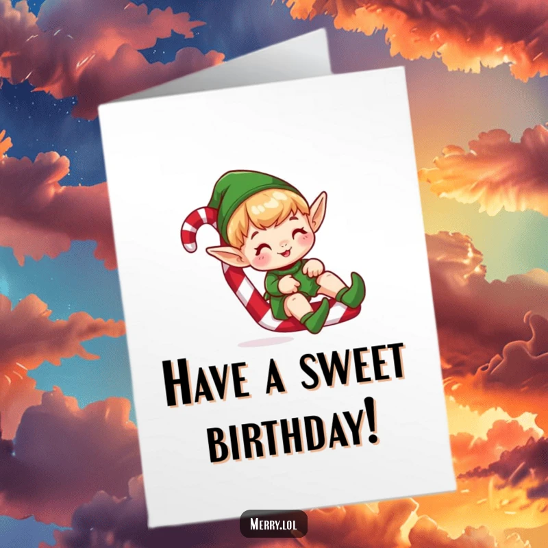 Funny free printable birthday card of a cute elf character joyfully sliding down a giant candy cane, spreading festive cheer.