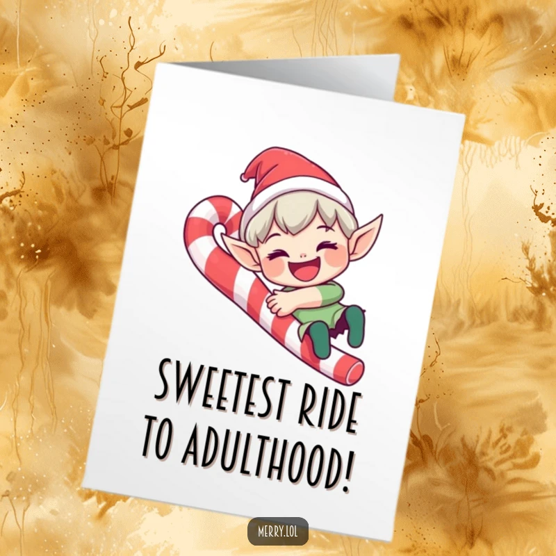 Funny Free Printable Birthday Card: Cute Elf Character Sliding Down a Candy Cane with a Wide Grin, Joyful Holiday Spirit