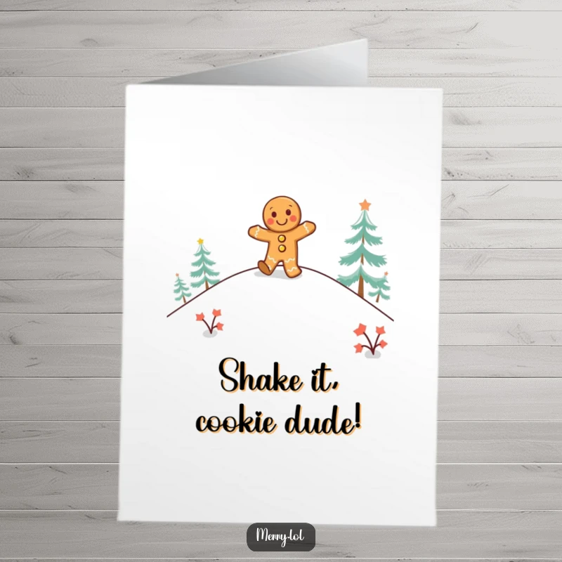 Free Printable Birthday Card: A happy gingerbread man dances with joy on a snowy hill, celebrating a birthday.