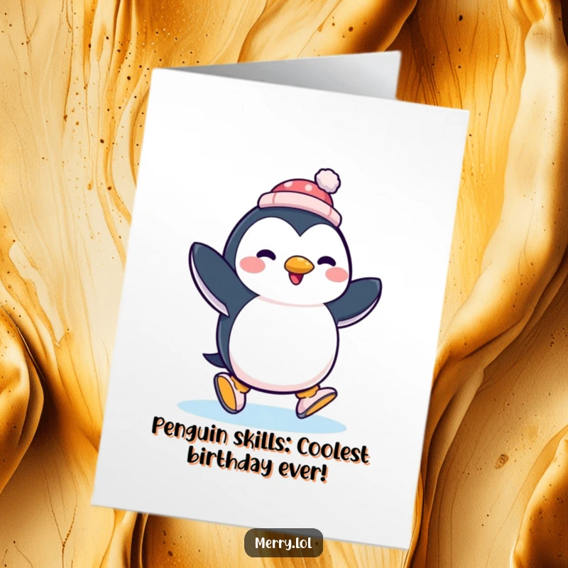 Funny Free Printable Birthday Card: A Penguin in a tiny hat slips while ice skating joyfully.
