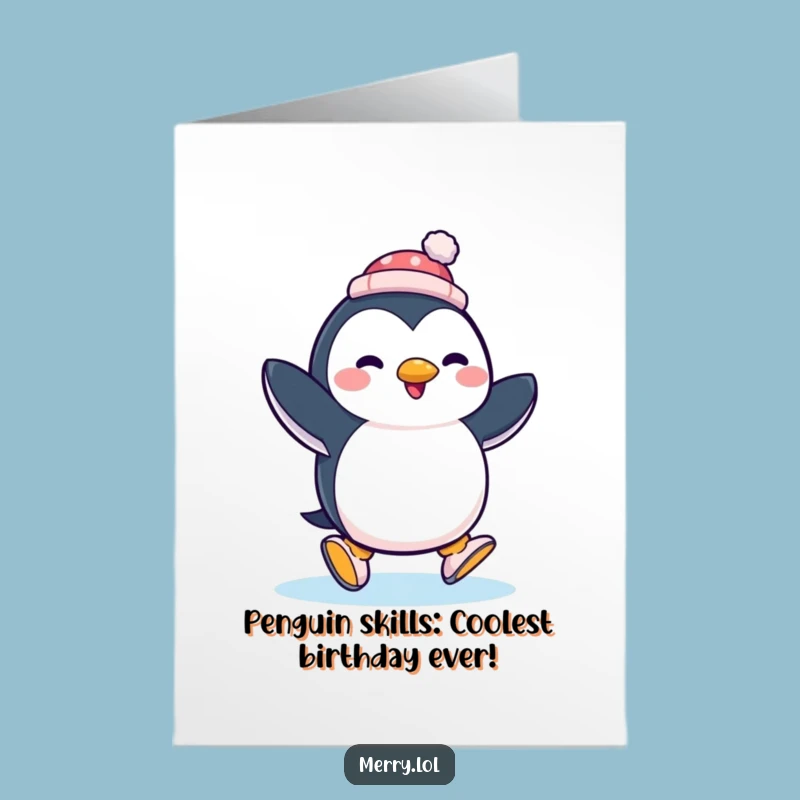 Free Printable Penguin Birthday Card: Hilarious Ice Skating Penguin Downloadable Gift!