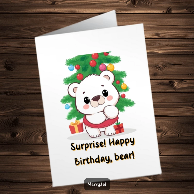 Funny Free Printable Birthday Card: A surprised polar bear peeks from behind a decorated tree, wishing a happy birthday.