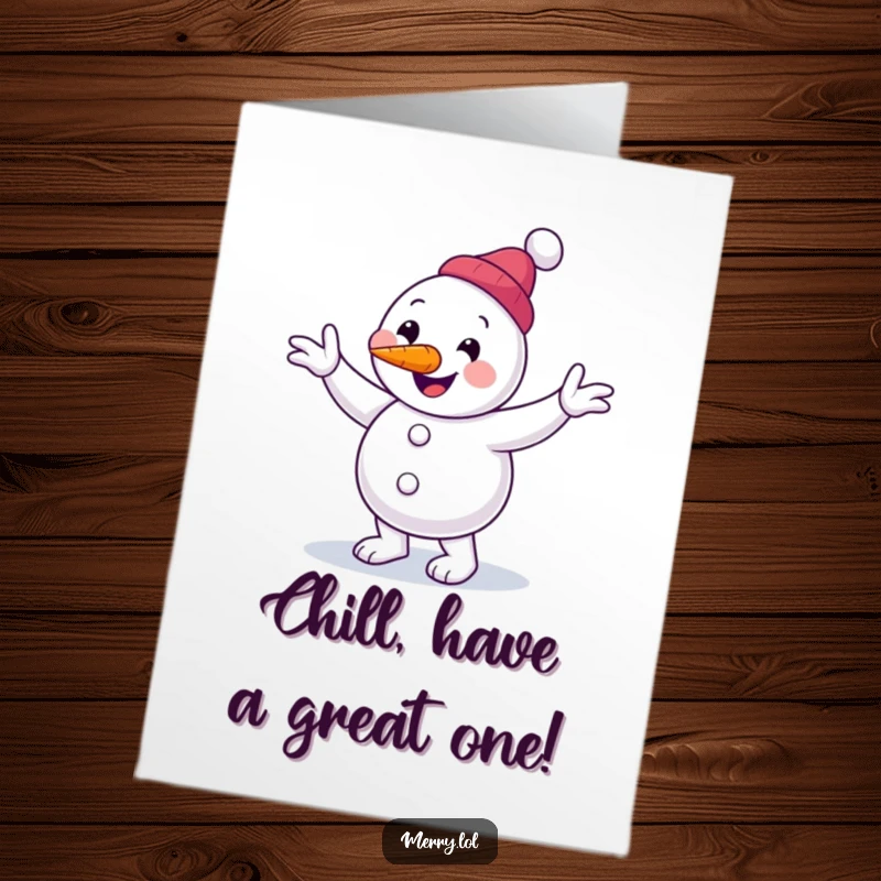 Funny Free Printable Birthday Card: Cheery Snowman Character Doing a Clumsy Jig, Carrot Nose Wiggling with Joy