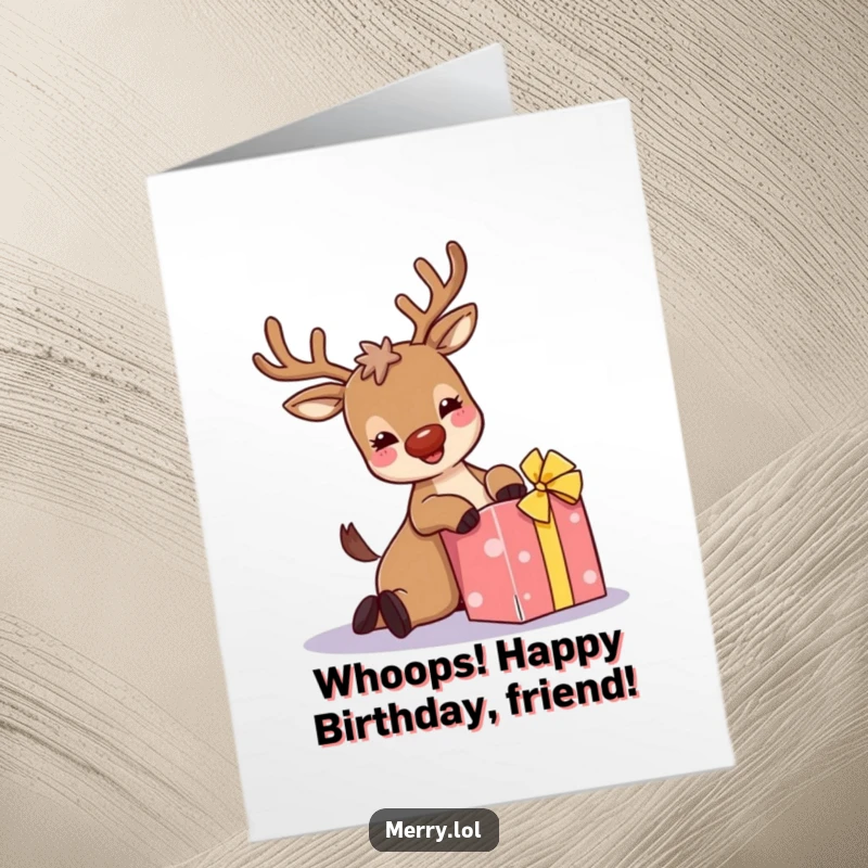 Funny Free Printable Birthday Card: Giggling reindeer with sparkly antlers trips hilariously over a gift.