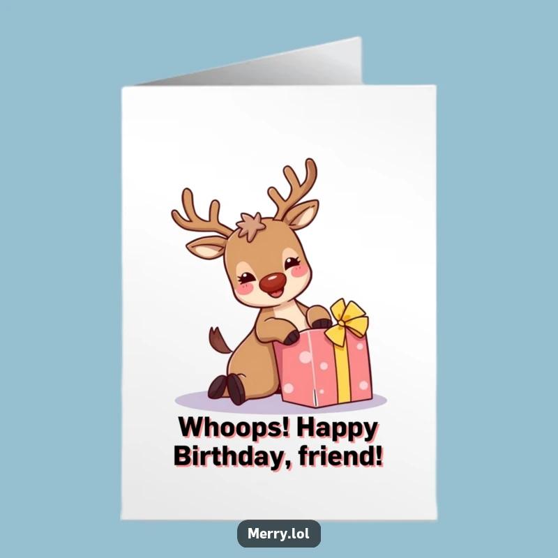 Funny Free Printable Birthday Card: Giggling Reindeer Tripping, Downloadable Gift
