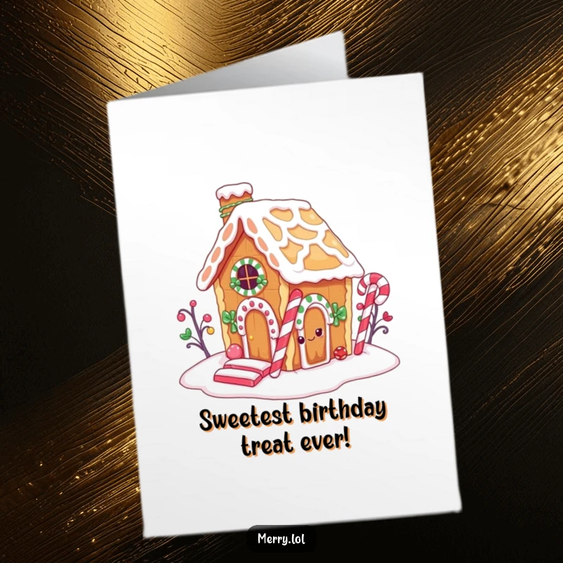Funny Free Printable Birthday Card: Gingerbread house character sneaking a bite from its candy cane chimney, looking mischievous.