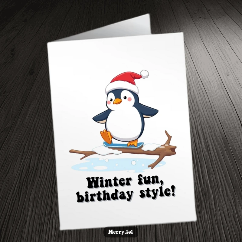 Funny Free Printable Birthday Card: Penguin in Santa hat awkwardly ice skating on a branch, looking surprised.