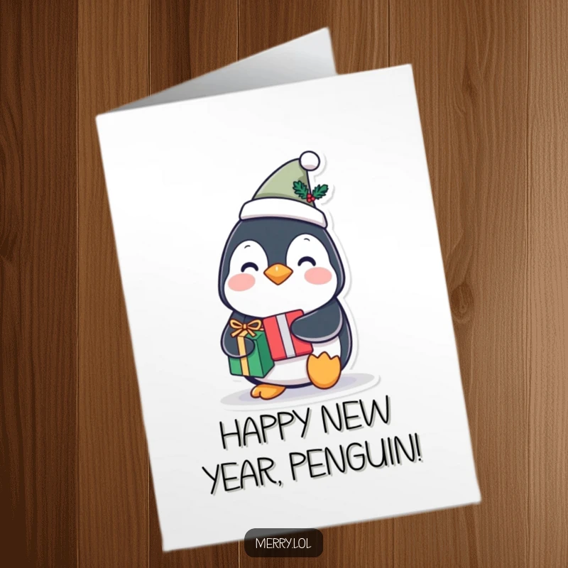 Funny Free Printable Birthday Card: Joyeux Penguin Character Wearing a Tiny Festive Hat and Holding a Gift, Ready to Celebrate