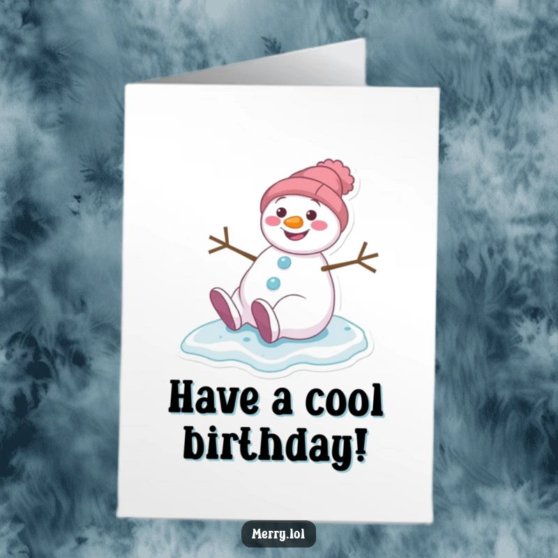 Funny free printable birthday card of a snowman character gleefully slipping on ice with a wide, mischievous grin, embracing the winter fun.