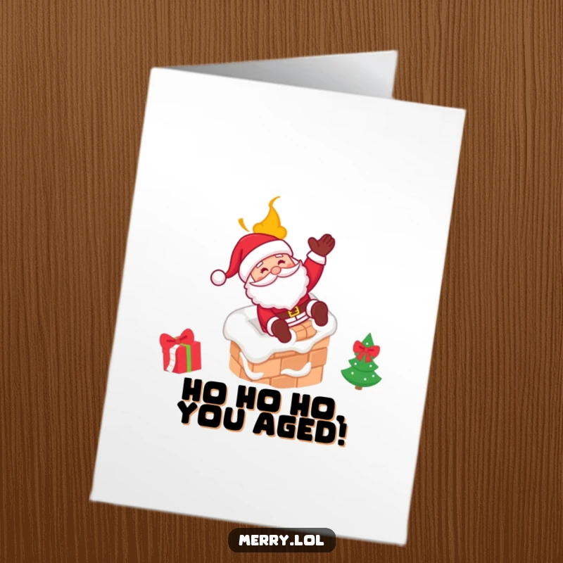 Funny Free Printable Birthday Card featuring Santa sliding down a chimney with a cheerful wink, ready to deliver wishes.