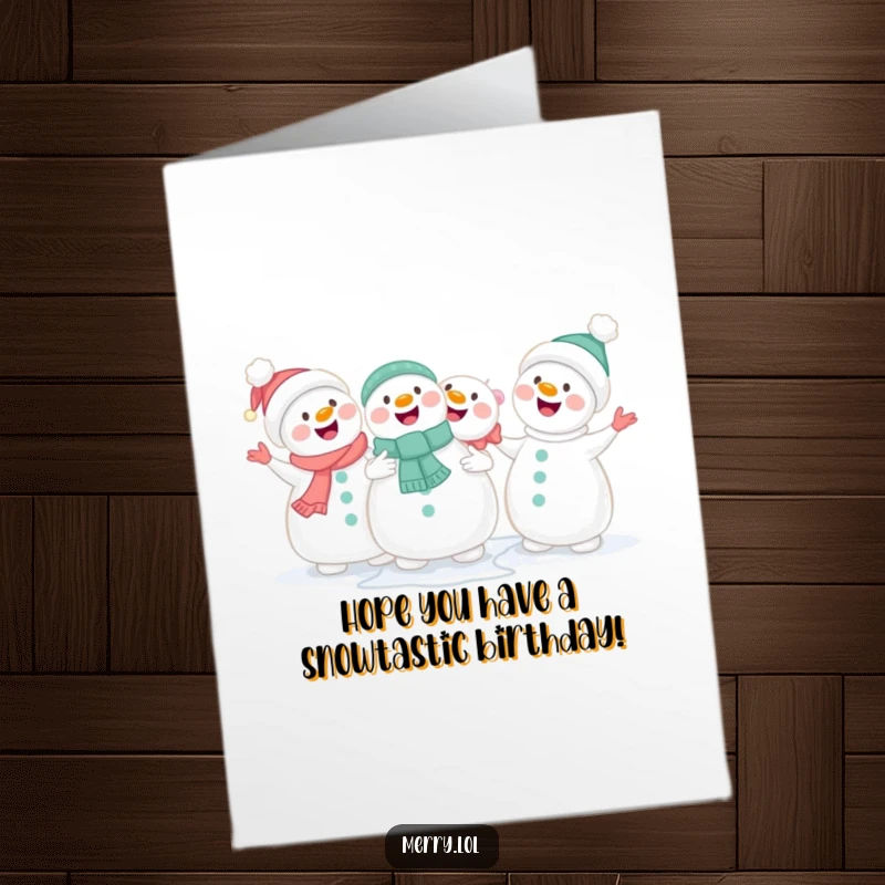 Free Printable Birthday Card: Cute snowmen holding hands sing happily together in the snow.