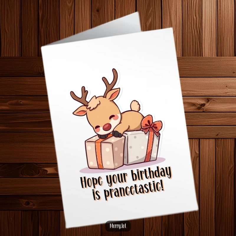 Funny free printable birthday card of a reindeer character playfully tripping over a gift, adding a touch of clumsy cheer to their day.