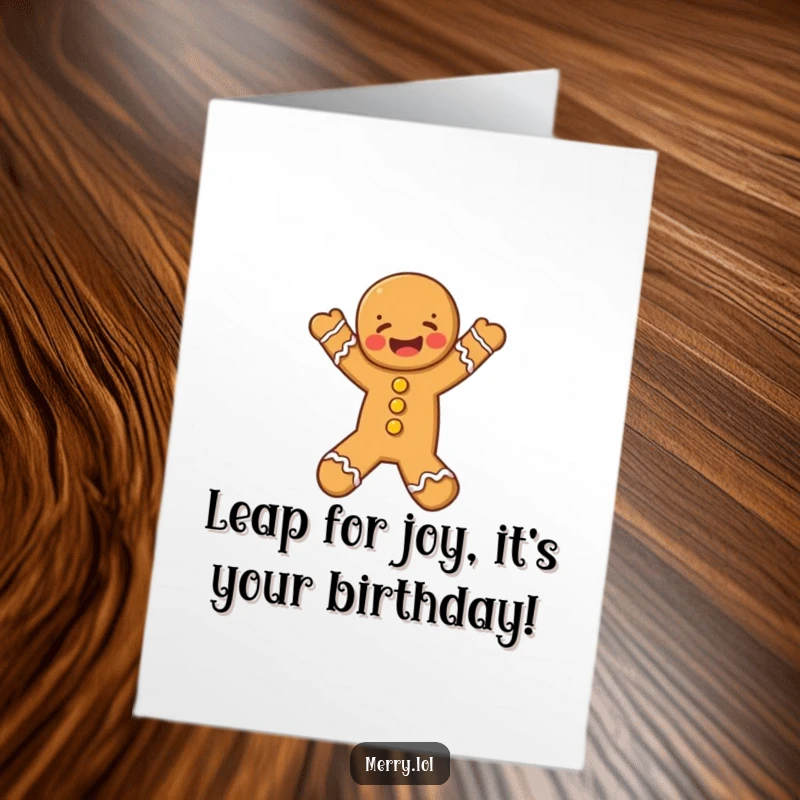 Funny Free Printable Birthday Card: Gingerbread man leaping joyfully, spreading cheer. Ideal for a lighthearted, downloadable greeting.
