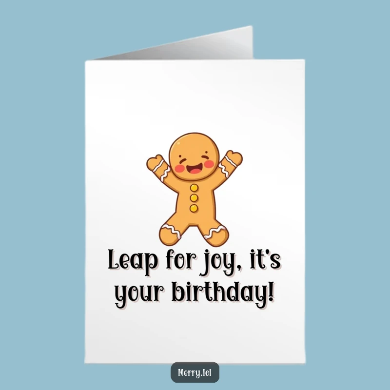 Free Printable Birthday Card: Funny Gingerbread Man Leap - Downloadable Joyful Greeting