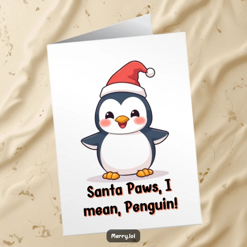 Funny Free Printable Penguin Birthday Card: Delighted penguin in a tiny Santa hat, ready to spread joy.