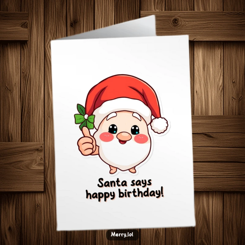 Funny free printable birthday card of a cheerful Santa hat character giving a big, jolly thumbs up gesture, radiating happiness.
