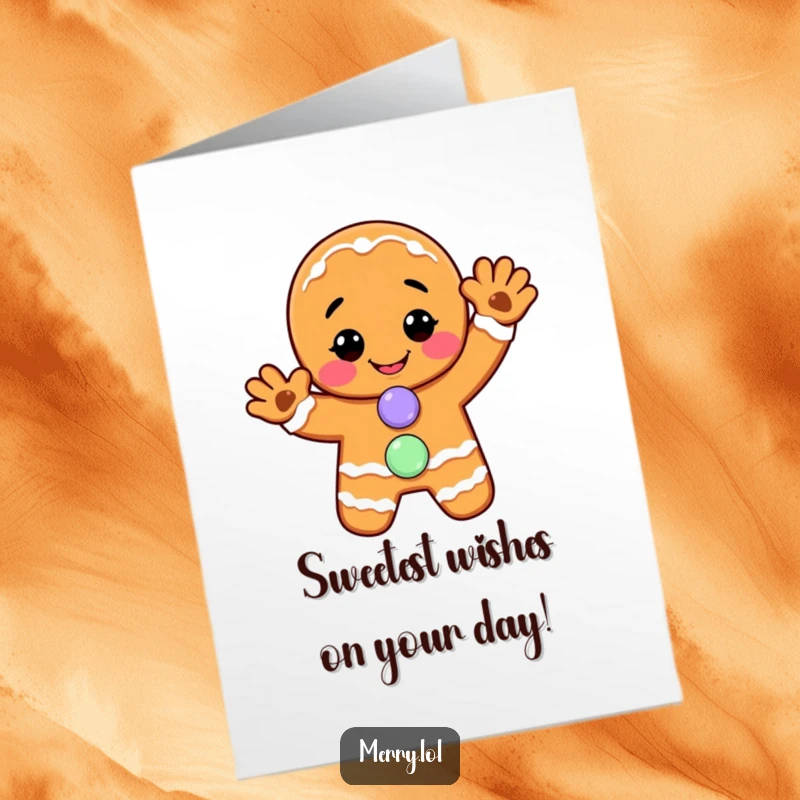 Free Printable Birthday Card: A smiling gingerbread man with a candy button giving a cheerful wave.