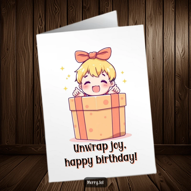 Funny Free Printable Birthday Card, a child character excitedly opening a large, brightly wrapped gift box. Capturing the pure joy of receiving.